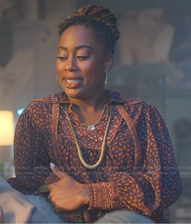 Malika's brown printed blouse on Good Trouble