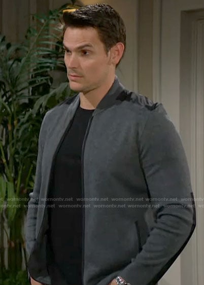 Adam's grey zip up cardigan with black panels on The Young and the Restless