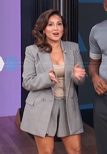 Adrienne's grey plaid blazer and shorts on E! News