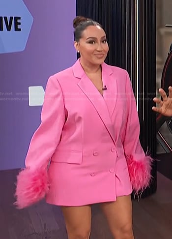 Adrienne's pink feather cuff blazer dress on E! News