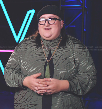 Ali's green animal print shirt on The Voice