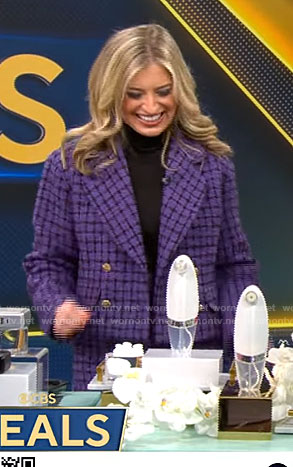 Ashley Bellman's purple tweed jacket and skirt set on CBS Saturday Morning