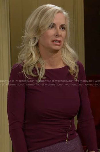 Ashley's burgundy asymmetric zip top on The Young and the Restless