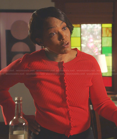 Athena's red ribbed ruffle-trim cardigan on 9-1-1