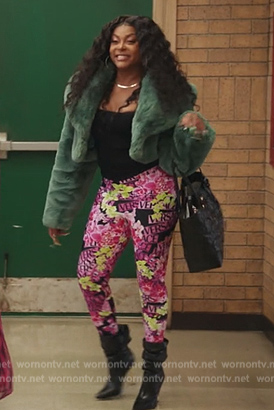 Vanetta's shearling jacket and floral leggings on Abbott Elementary