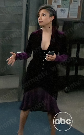 Blaze's purple velvet corset dress at the Nurses Ball 2023 on General Hospital