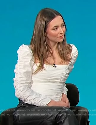 Camilia's white ruched square neck top on Access Hollywood