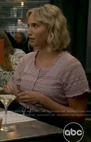 Charlotte's lilac eyelet top on Not Dead Yet