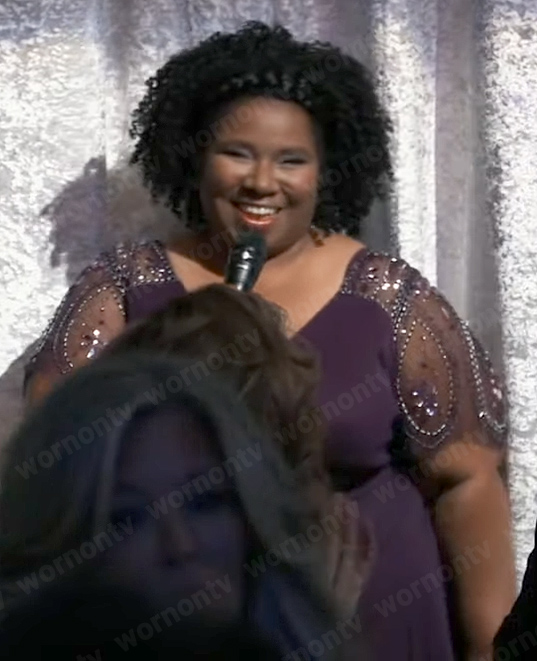 Deanna's purple beaded sleeve dress at the Nurses Ball 2023 on General Hospital