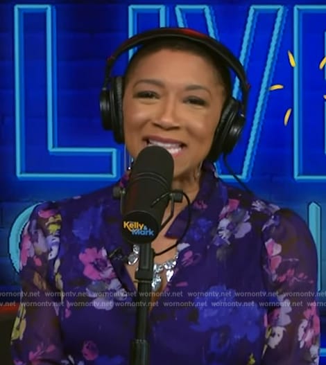 Deja Vu's blue floral print sheer dress on Live with Kelly and Ryan