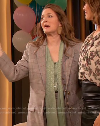 Drew's gray plaid blazer and tie neck blouse on The Drew Barrymore Show