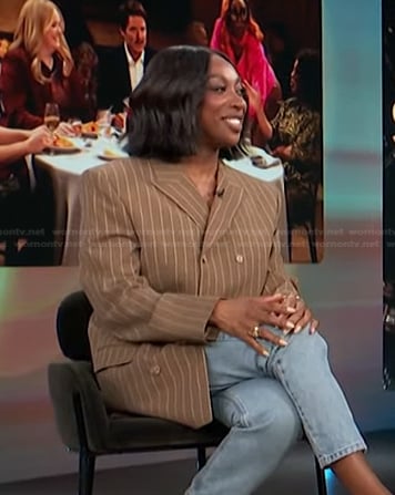 Ego Nwodim's brown pinstripe blazer on Access Hollywood