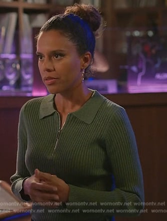 Fay's green ribbed polo sweater on Grand Crew