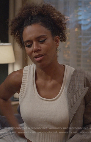 Fay's white knit cropped tank on Grand Crew