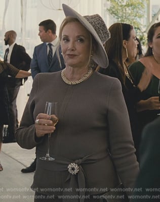 Gerri's gray peplum jacket and skirt on Succession