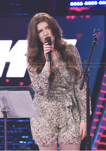 Grace West's beige printed wrap romper on The Voice