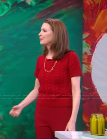 Gretchen Rubin's red cable knit short sleeve sweater on Good Morning America
