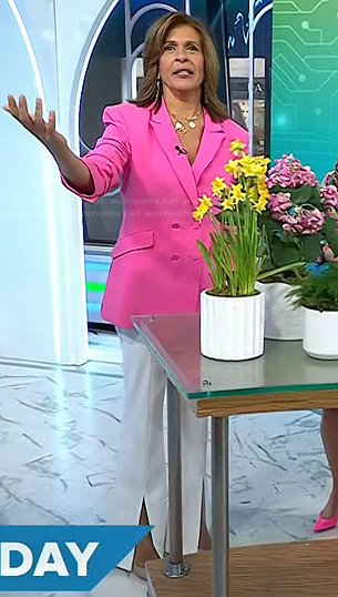 Hoda’s pink double breasted blazer and white pants on Today