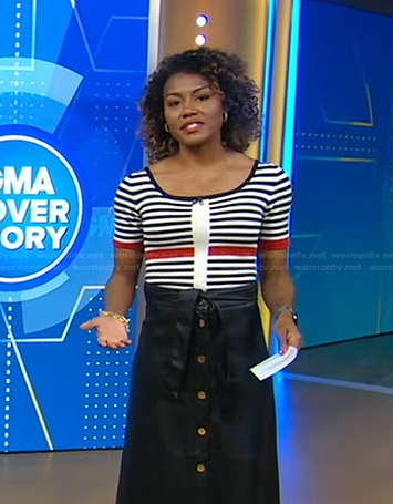 Janai's striped tee and black leather skirt on Good Morning America
