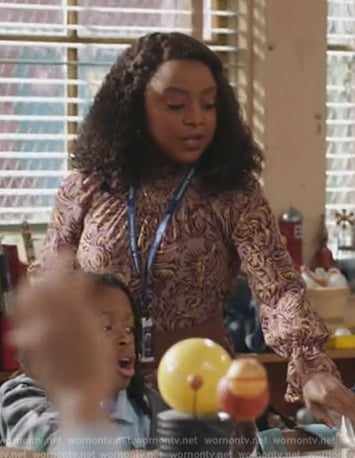 Janine's purple printed long sleeve dress on Abbott Elementary