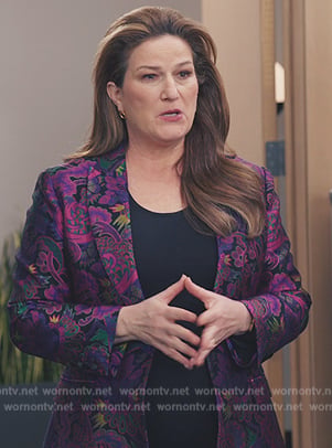 Katherine's purple floral jacquard blazer on American Auto