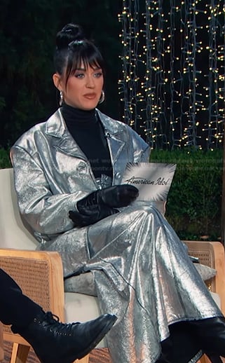 Katy Perry's metallic oversized jacket and skirt on American Idol