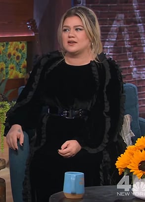 Kelly's black velvet ruffle dress on The Kelly Clarkson Show
