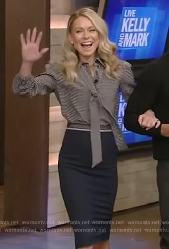 Kelly's printed tie neck blouse and skirt on Live with Kelly and Mark