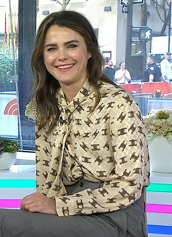 Keri Russell's logo print tie neck blouse on Today