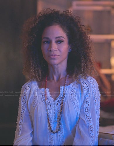 Lena's white lace inset peasant top on Good Trouble