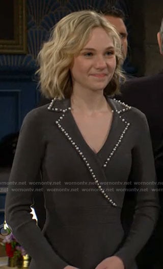 Lucy's grey pearl trim dress on The Young and the Restless