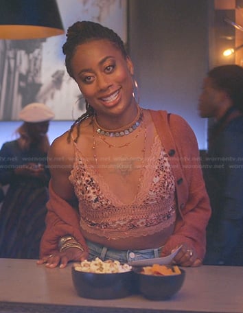 Malika's pink embroidered cropped top on Good Trouble