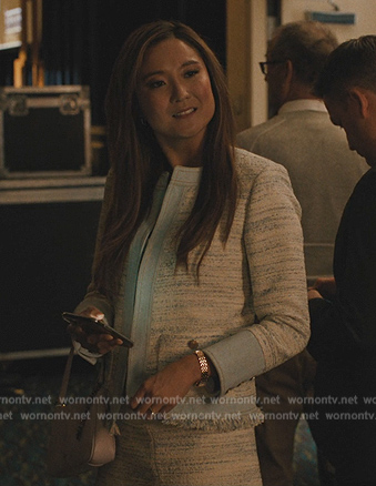 Naomi's blue tweed denim trim jacket and skirt on Beef