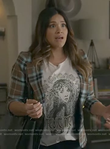 Nell's Stevie Nicks t-shirt and plaid blazer on Not Dead Yet