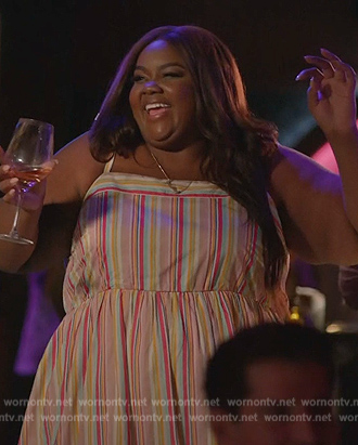 Nicky's striped midi dress on Grand Crew