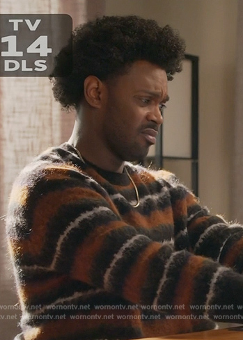 Noah's striped fuzzy sweater on Grand Crew