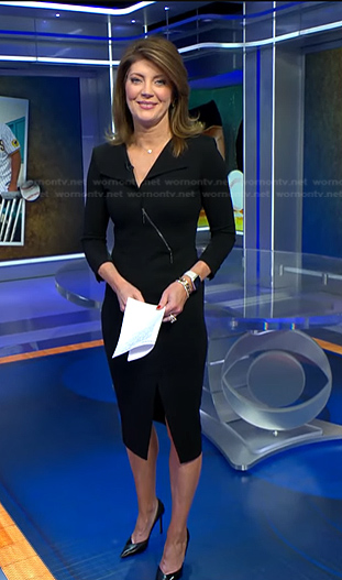 Norah's black zip front sheath dress on CBS Evening News
