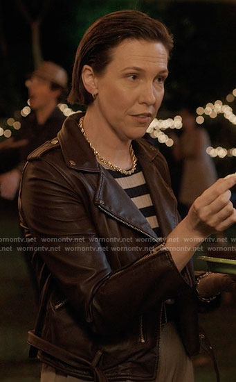 Olivia's burgundy leather moto jacket on Single Drunk Female