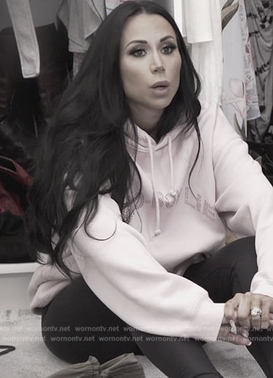 Rachel's pink Boys Lie embellished hoodie on The Real Housewives of New Jersey