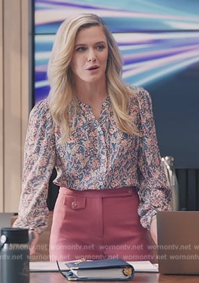 Sadie's blue floral print blouse on American Auto
