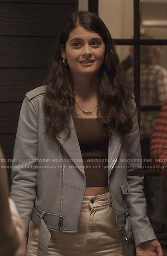 Sam's blue leather moto jacket on Single Drunk Female