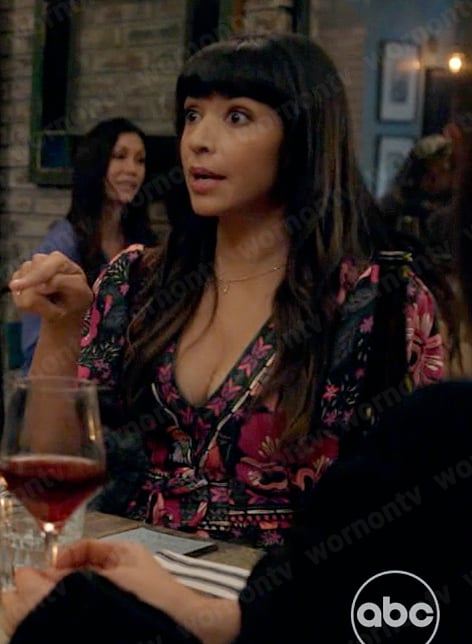 Sam's pink floral v-neck maxi dress on Not Dead Yet