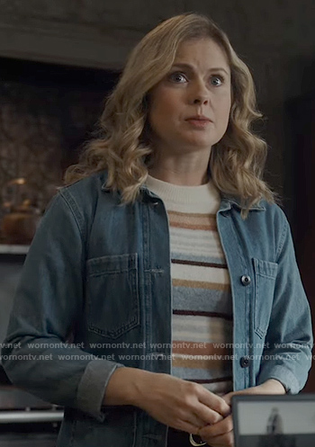 Sam's striped sweater and long denim jacket on Ghosts