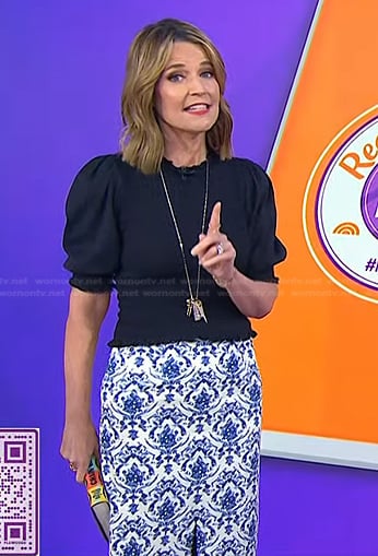 Savannah's navy smocked top and tapestry print skirt  on Today