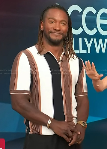 Scott's brown, black and white striped polo shirt on Access Hollywood