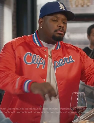Sherm's red satin Clippers bomber jacket on Grand Crew
