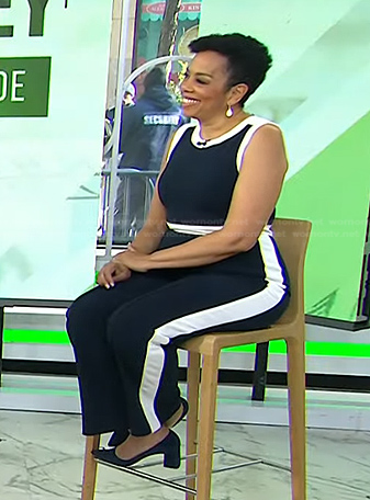 Sharon Epperson's navy contrast trim jumpsuit on Today