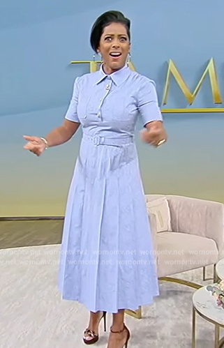 Tamron's blue belted shirtdress on Tamron Hall Show