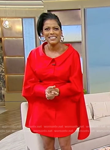 Tamron's red cape mini shirtdress on Tamron Hall Show