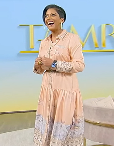 Tamron's pink printed belted shirtdress on Tamron Hall Show
